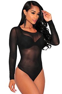 lot 5657 image: SEBOWEL Women Clubwear Long Sleeves Stretch Mesh See Through Jumpsuit Bodysuit Top Leotard Black L