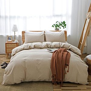 lot 5658 image: LOVQUE 100% Washed Cotton Duvet Cover King Size, Beige Linen-Like Textured Natural Bedding Set (No Comforter), 104x90 Inches