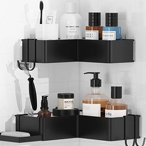 lot 5661 image: Kitsure Corner Shower Caddy - 2 Pack Rustproof Shower Organizer, Durable Shower Shelves with Large Capacity, Drill-Free Adhesive Shower Rack with 4 Movable Hooks, a Soap Holder