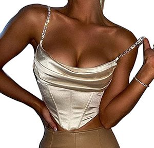 lot 5663 image: Women Sexy Satin Silk Corset Crop Top Shiny Rhinestone Spaghetti Strap Tank Top Clubwear Camisole Top Shirt