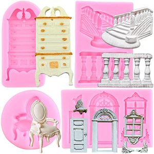 lot 5664 image: Mujiang Window Door Silicone Mold Stair Railing Fondant Molds Chair Cabinet Candy Mold Frame Mold For Cake Decorating Cupcake Topper Polymer Clay Chocolate Gum Paste Set Of 4