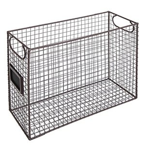 lot 5677 image: MyGift Chicken Wire Brown Metal Magazine Holder Basket with Handles, Office Shelf Document Folder and File Organizer Rack with Label Holder