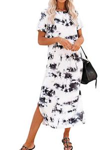 lot 5684 image: Naggoo Womens Summer Tie Dye Midi Dresses Short Sleeve Casusl Side Split Shift Dress SMALL