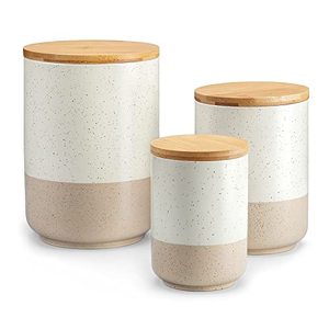 lot 5690 image: vancasso Sabine Canister Sets for Kitchen, Ceramic Kitchen Canisters for Countertop with Airtight Wood Lids, Large Flour and Suger Containers for Coffee, Tea, Spice (Set of 3)