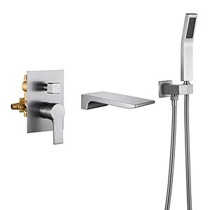 lot 5695 image: SHAMANDA Waterfall Wall Mounted Bathtub Faucet with Hand Shower, Bathroom Single Handle Tub Faucet Modern Brass Tub Shower Faucet Set(Including Rough-In Valve Body and Trim), Brushed Nickel, L901-2