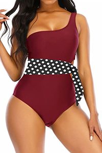 lot 5702 image: Womens One Piece Swimsuits Cutout Lace Up Padded Vintage Sexy High Cut One Shoulder Monokini Bathing Suits Wine Red Large