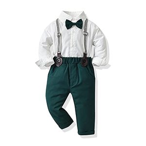 lot 5708 image: JunNeng Baby Boy Outfits Suits Formal Clothes Sets,Toddler Gentleman Bowtie Dress ShirtSuspender Pants Wedding outfit,Green