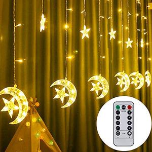 lot 5709 image: Twinkle Star 138 LED Star Moon Curtain String Lights, 8 Modes Decorations for Ramadan, Christmas, Wedding, Party, Home, Patio Lawn, Warm White (USB Powered)