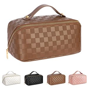lot 5713 image: ALEXTINA Large Capacity Travel Cosmetic Bag - Portable Women Waterproof PU Leather Checkered Makeup Organizer with Dividers and Handle,Toiletry Bag for Cosmetics, Brown