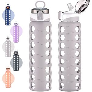 lot 5716 image: MUKOKO 32oz Glass Water Bottles with Straw Lid, Wide Mouth Motivational Water Bottle with Times Reusable Water Jug with Handle and Silicone Sleeve for Sports & Outdoors, Leak Proof, BPA Free, Grey