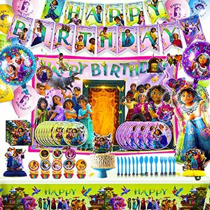 lot 5721 image: Encanto Birthday Party Supplies with Tablewares, Decoration - Tablecloth, Swirls, Foil, Latex & Character Ballons, Honeycomb, Cake & Cupcake topper, Fork, Spoon, Knife