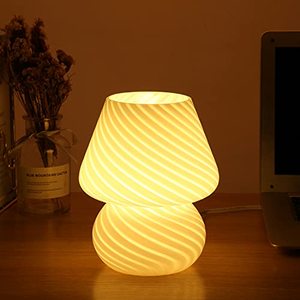 lot 5732 image: BSOD Mushroom Lamp,Glass Table Bedside Lamps Translucent Murano Vintage Style Striped Small Night Mushroom Decor Light Swirl for Ambient,Kids,Bedroom,Living,Girl Gift (Stripe White)