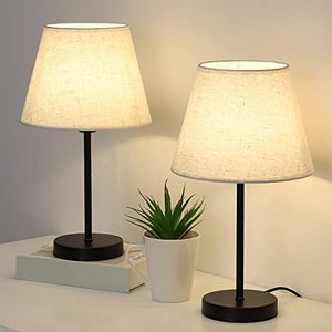 lot 5738 image: Shinoske Bedside Table Lamps Set of 2, Modern Lamps Small Desk Lamps for Bedroom, Living Room with Ivory White Barrel Fabric Shade & Metal Base,(Small Desk Lamps)