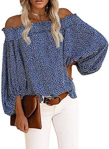 lot 5790 image: BLENCOT Womens Casual Floral Blouse Off Shoulder Lantern Sleeves Chiffon Shirt Tops Sky Blue 2XL