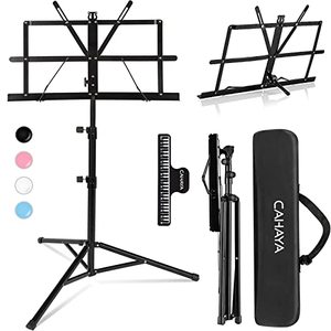 lot 6632 image: CAHAYA 2 in 1 Dual Use Extra Stable Reinforced Folding Sheet Music Stand & Desktop Book Stand Lightweight Portable Adjustable with Carrying Bag, Metal Music Stand with Music Sheet Clip Holder CY0204