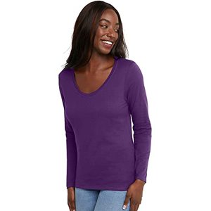 lot 6650 image: Hanes Womens Originals Long Sleeve Cotton T-Shirt, Lightweight V-Neck Tee, Modern Fit, Violet Splendor, Small