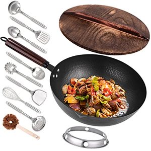 lot 6658 image: Leidawn 12.8 Carbon Steel Wok - 11Pcs Woks & Stir Fry Pans with Wooden Handle and Lid,10 Cookware Accessories,For Electric,Induction and Gas Stoves