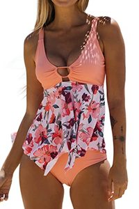 lot 6668 image: Womens Patchwork Bathing Suits O Ring Flower Print Ruffle Hem Tankini Set, Light Orange, XL