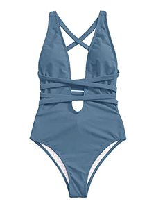 lot 6669 image: SweatyRocks Womens Sexy Basic Criss Cross Tie Knot Front Deep V Open Back One Piece Swimwear Solid Blue XL
