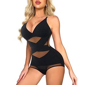 lot 6673 image: Irisnaya Shaping Bodysuit Shapewear for Women Tummy Control Waist Trainer Full Body Shaper Under Dress V Neck Bra Jumpsuit Top (Large,Black)