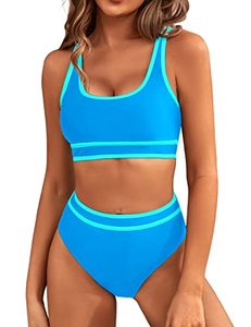 lot 6674 image: BMJL Womens High Waisted Bikini Sets Sporty Two Piece Swimsuit Color Block Cheeky High Cut Bathing Suits(L,Blue)