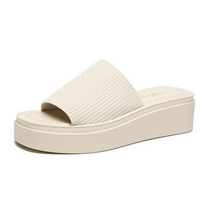 lot 6677 image: Athlefit Womens Slip On Platform Sandals Comfortable Open Toe Flatform Chunky Beige Sandals Size 11