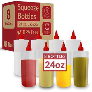 lot 6690 image: Reli. Plastic Squeeze Bottles, 24 oz.  8 Pack  Condiment Squeeze Bottles for Sauces  Clear wRed Twist Cap  24 Ounce Hot Sauce, Ketchup Bottles  Squirt Bottles for Condiments, Olive Oil, Liquids