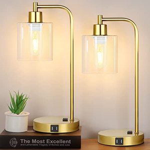 lot 6694 image: Industrial Touch Control Table Lamps Set of 2 - Gold Nightstand Bedside Lamps with 2 USB Ports & AC Outlet, 3-Way Dimmable Desk Lamp for Bedroom Living Room