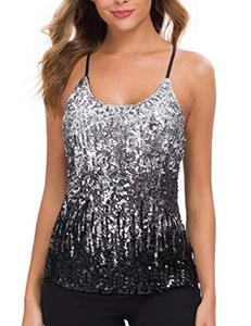 lot 6702 image: MANER Womens Sequin Tops Glitter Party Strappy Tank Top Sparkle Cami (MUS 8-10, SilverGrayBlack)