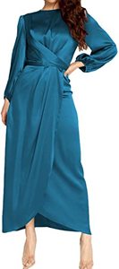 lot 6709 image: PINUPART Womens Elegant Empire Waist Long Sleeve Satin Maxi Dress M Teal