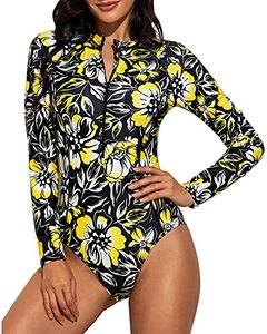 lot 6718 image: Daci Women Yellow Floral Rash Guard Long Sleeve One Piece Swimsuit Zipper Surfing Bathing Suit UPF 50 Blue S