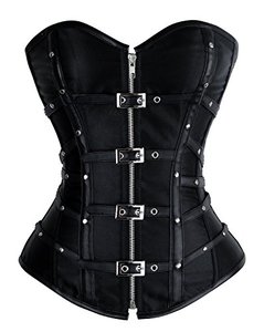 lot 6719 image: Charmian Womens Gothic Punk Satin Boned Zipper Overbust Corset Top with Buckles Black 6XL