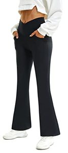 lot 6733 image: FireSwan Womens Crossover Flare Leggings with Pockets Bootcut High Waisted Yoga Pants Tummy Control Gym Workout Work Pants Black XS