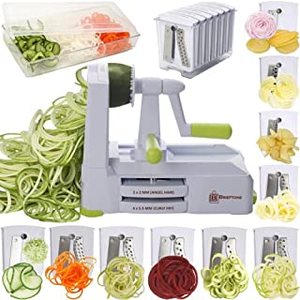 lot 6738 image: Brieftons 10-Blade Vegetable Spiralizer Strongest-Heaviest Duty Spiral Slicer, Best Veggie Pasta Spaghetti Maker for Low Carb  Paleo  Gluten-Free, With Container, Lid, Blade Caddy, 4 Recipe Ebooks (B07T65R166)