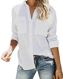 lot 6739 image: Womens Button Down V Neck Shirts Roll Up Long Sleeve Blouse Loose Fit Casual Work Plain Tops with Pockets White