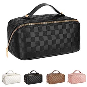 lot 6741 image: ALEXTINA Large Capacity Travel Cosmetic Bag - Portable Makeup Bags for Women Waterproof PU Leather Checkered Makeup Organizer Bag with Dividers and Handle,Toiletry Bag for Cosmetics, Black