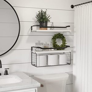 lot 6743 image: WOPITUES Floating Shelves with Wire Storage Basket, Bathroom Shelves Over Toilet with Protective Metal Guardrail, Wood Wall Shelves for Bathroom, Bedroom, Living Room, Toilet Paper- Black and White