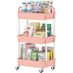lot 6750 image: Sywhitta 3-Tier Plastic Rolling Utility Cart with Handle, Multi-Functional Storage Trolley for Office, Living Room, Kitchen, Movable Storage Organizer with Wheels, Pink&White