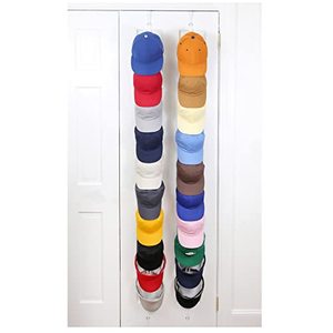 lot 6776 image: Cap Rack FAV  Hat Racks  Hold up to 40 caps  Over Door Organizer  Baseball Hat Organizer  Over Door Hanger  Fitted & Adjustable Caps & Visors  Door Slam Proof  2 Straps  20 Adj. Hooks  White