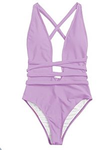 lot 5666 image: SweatyRocks Womens Sexy Basic Criss Cross Tie Knot Front Deep V Open Back One Piece Swimwear Purple S