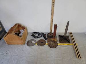 lot 475 image: Wood tool box  saw blades  hardware & more
