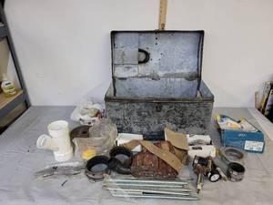 lot 493 image: Large tool box wlarge springs  hardware  various sized clamps & more