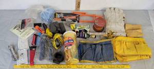 lot 503 image: Tool belts  gloves   flashlights  zip ties  extension cord holder & more