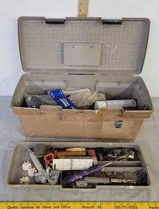 lot 522 image: Plastic tool box whardware  paint rollers  sand paper & more