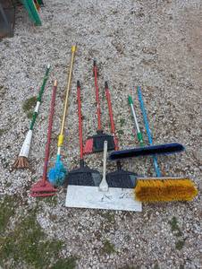 lot 594 image: Brooms  push brooms & mop