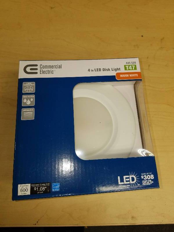 lot 1874 image: Commercial Electric 4 LED Disk Light- Warm Light- Jbox compatible