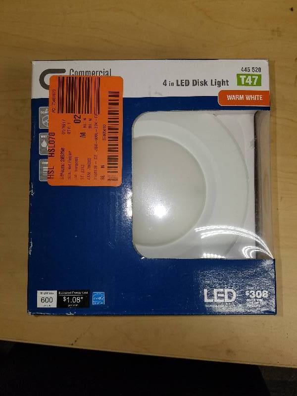lot 1875 image: Commercial Electric 4 LED Disk Light- Warm Light- Jbox compatible