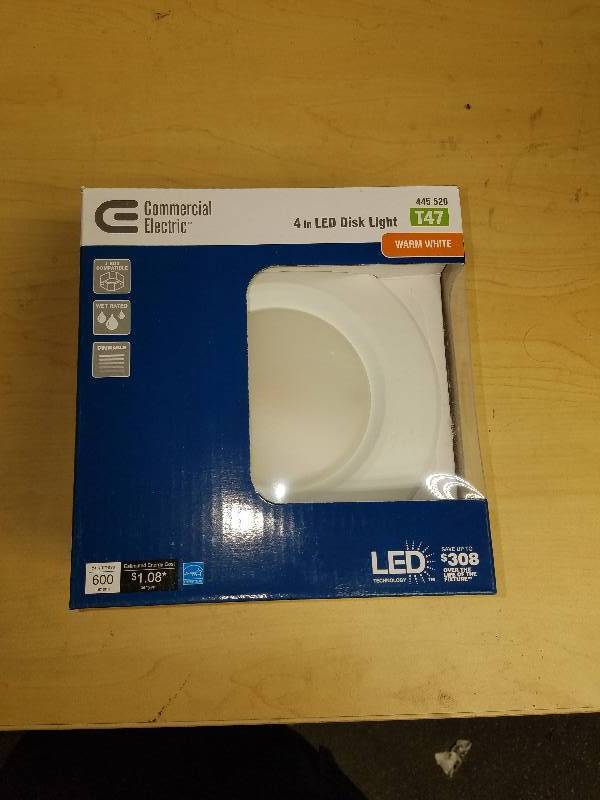 lot 1876 image: Commercial Electric 4 LED Disk Light- Warm Light- Jbox compatible