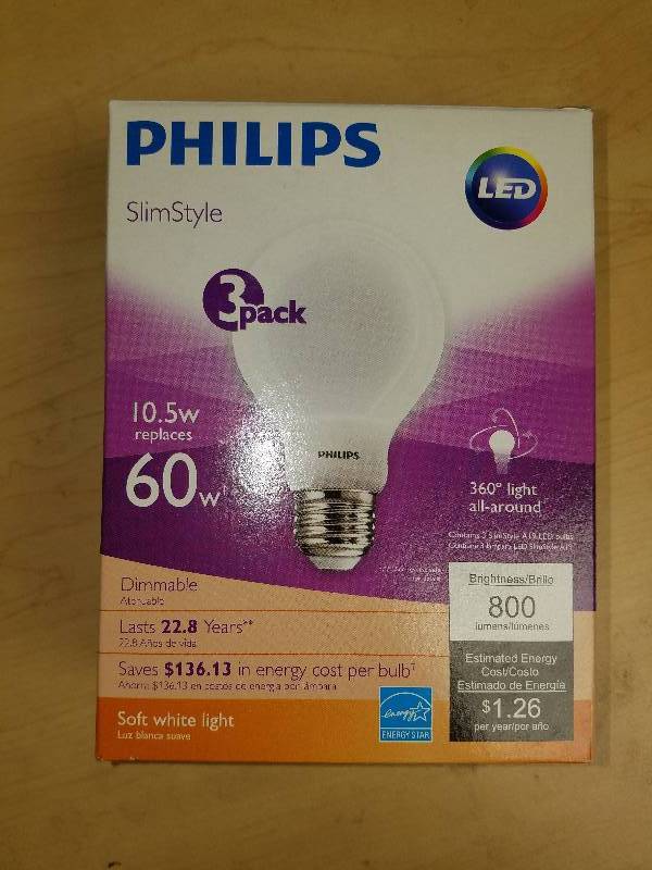 lot 1908 image: Phillips Slim Style LED A19 Bulbs- 3 pack