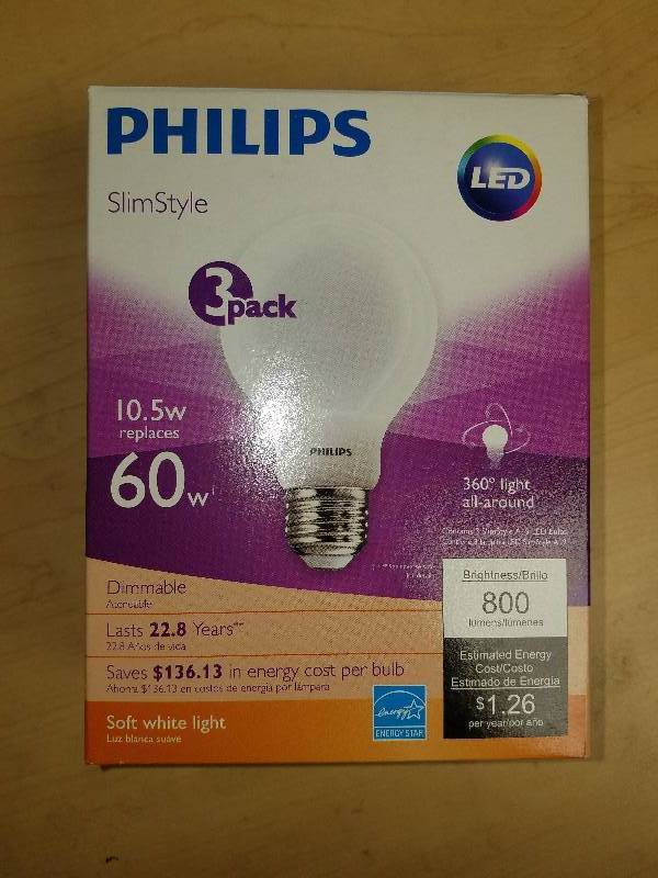 lot 1909 image: Phillips Slim Style LED A19 Bulbs- 3 pack